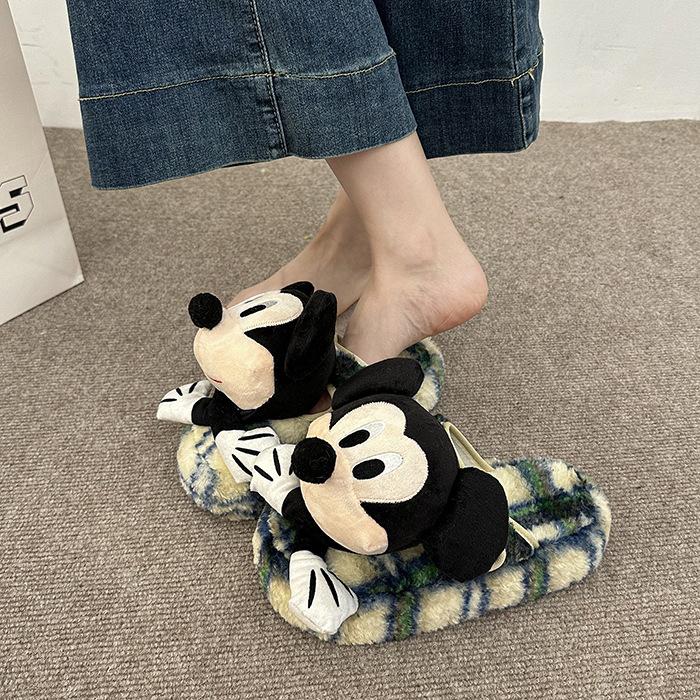 Papuci de casă 3D Mickey desene animate pentru femei, toamnă-iarnă 2025, noi, de exterior, călduroși, papuci de bumbac tip half-towed
