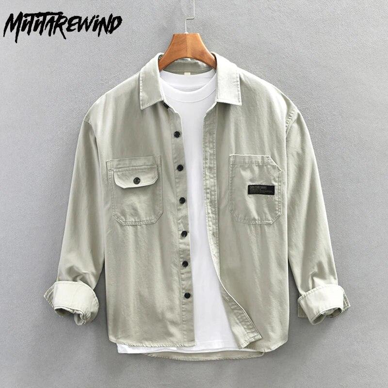 

Винтажные американские рубашки рабочей одежды для мужчин, весенний уличный стиль, новая мода, мужской топ из чистого хлопка, повседневная рубашка с квадратным воротником и длинным рукавом, однотонная рубашка