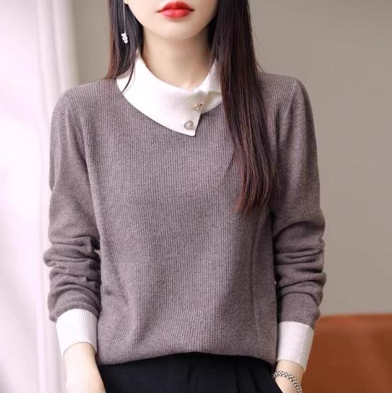 Women Winter French Color‑Block Turn‑Down Collar Knit Sweater Long Sleeve Pullover Wool Blend Base Top