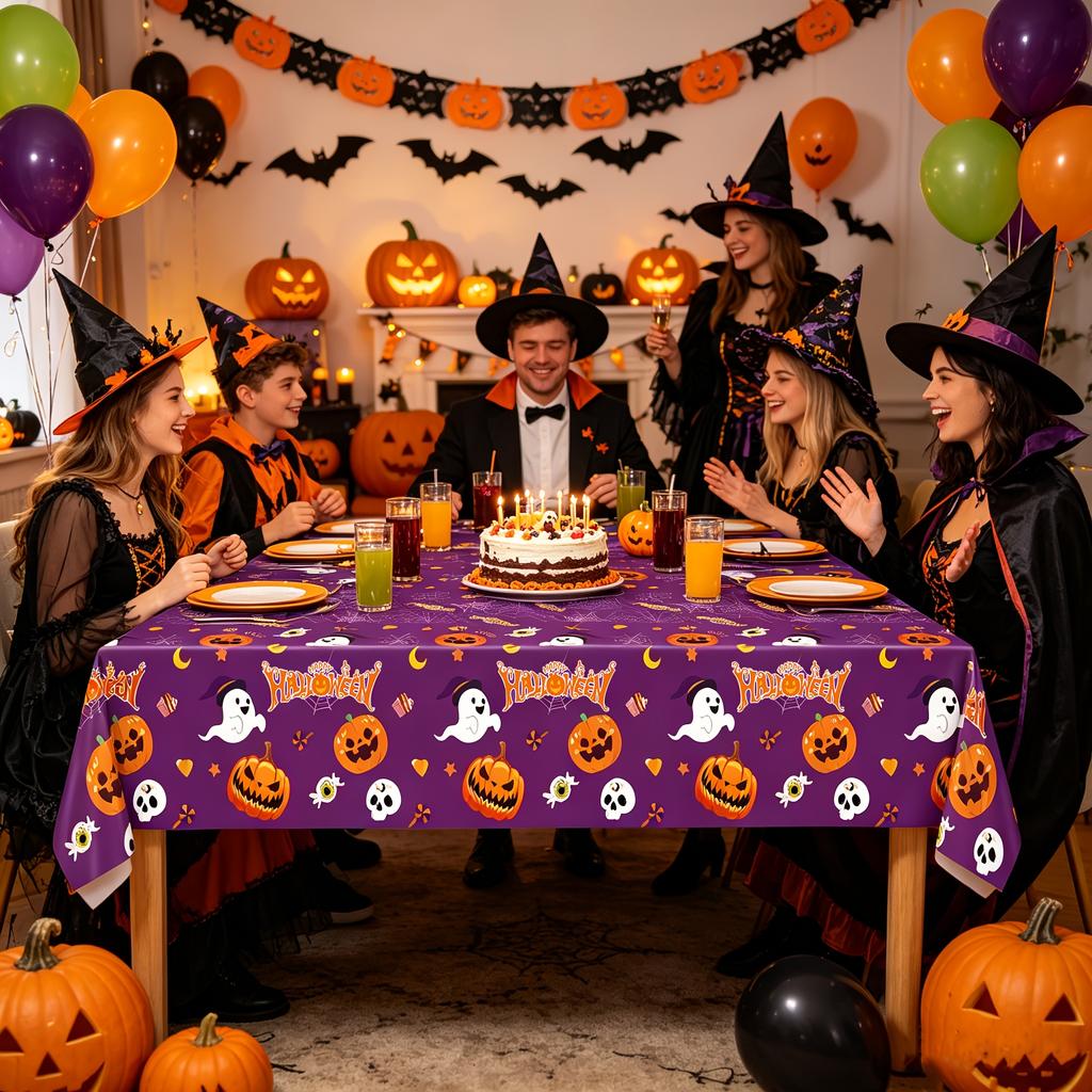1/3pcs Halloween Tablecloth, Disposable Plastic Tablecloth with Pumpkin, Spider Web, and Cute Design, for Halloween Decorations,