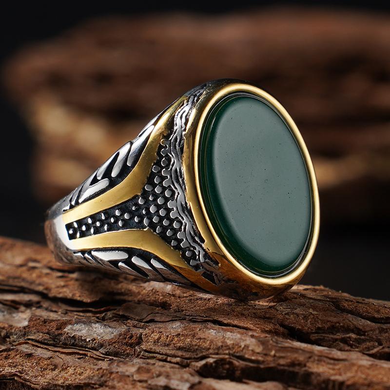 Naturstein-Serie für Männer Elliptischer Ring mit echtem Tigerauge-Stein 316L Edelstahl Männlich Vintage-Design Punk-Ring