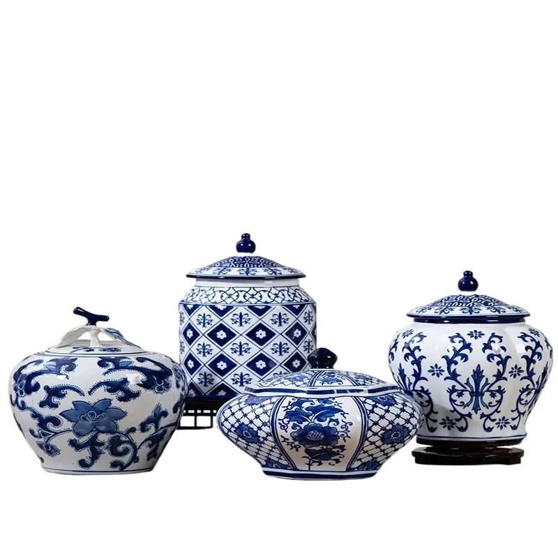 Achtkante Blauw Witte Jingdezhen Porseleinen Pot Keramische Opslag Thee En Snacks Container Elegante Display Huis Keukengerei
