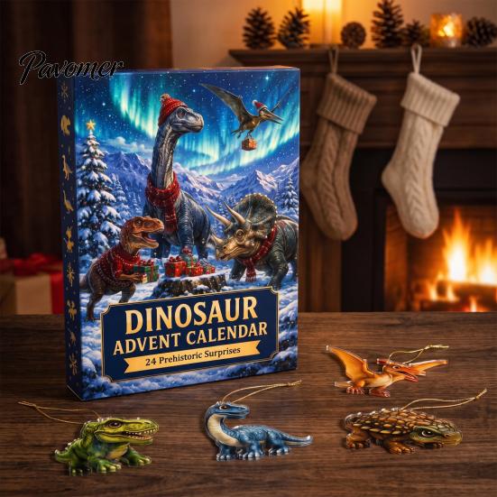 Decorative Acrylic Pendants Christmas Dinosaur Countdown Calendar, 24Pcs Ornament Set with Cute Party Favors Dino Designs, Holiday Tree Hanging Decor