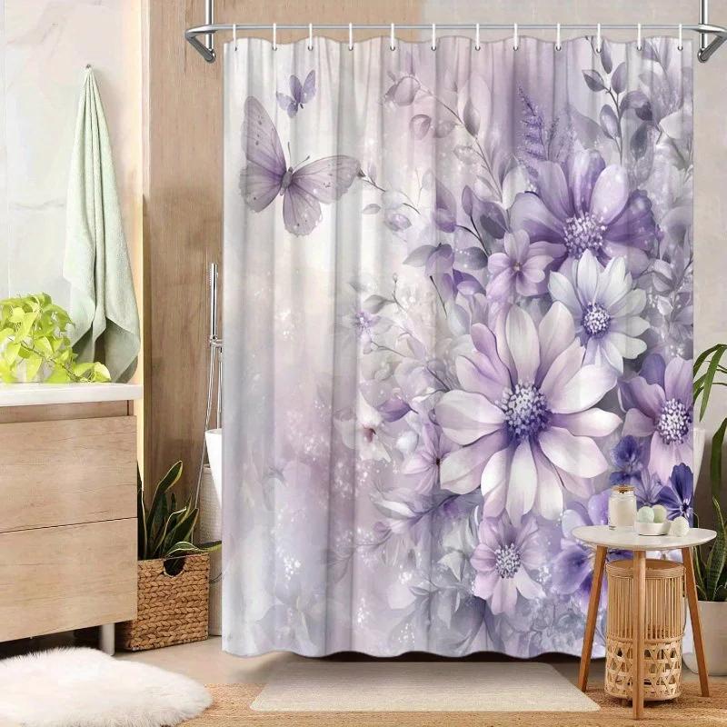 ~O~1pc Lavender Floral & Butterfly Shower Curtain - Purple Daisies & Asters, Dreamy Gradient Background, Polyester, 70.8x70.8"