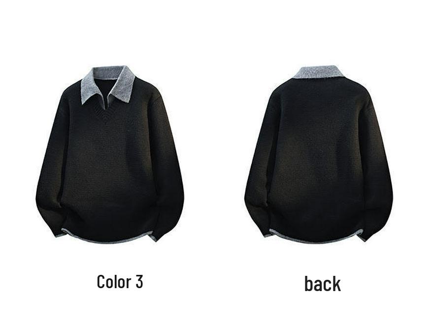 Men's Stylish Solid Color Two-Piece Look Lapel Sweater - Warm Japanese-Style Knitwear for Autumn/Winter.
