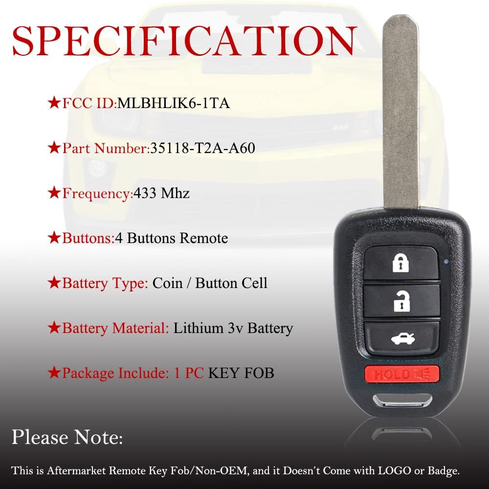 MechanMagic Key Fob Remote Replacement Fits for Honda Civic 2016 2017 2018  /Accord 2016 2017 MLBHLIK6-1TA Keyless Entry Remote Control Uncut 4