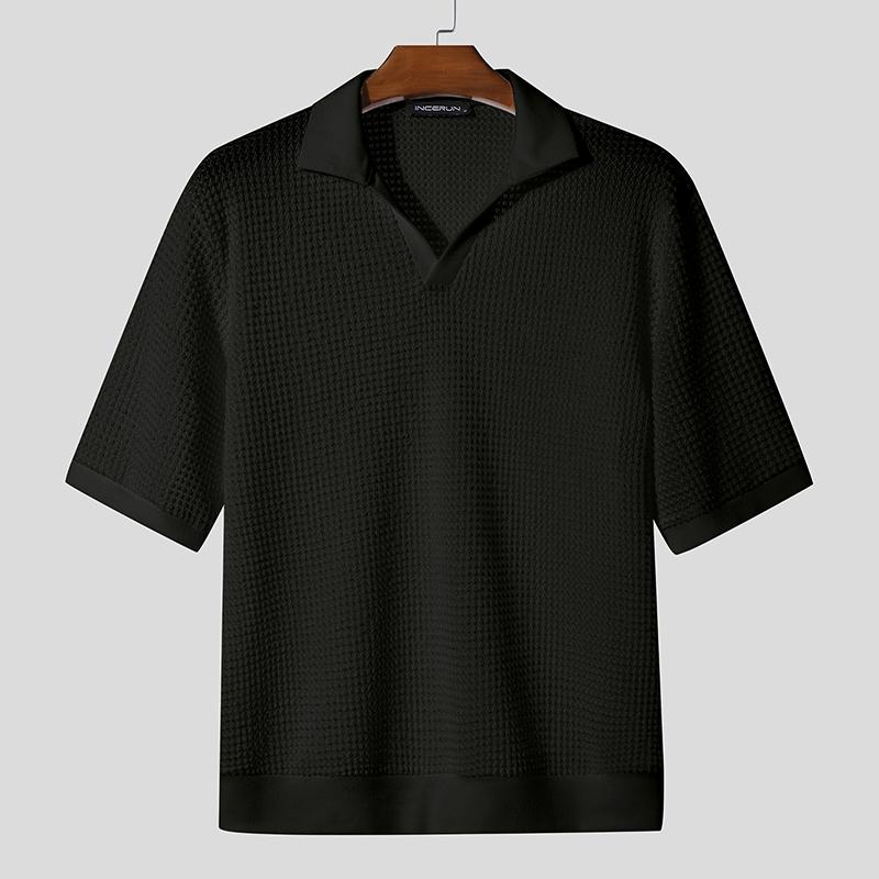 

INCERUN Men Lapel Neck Hollowed-out Short Sleeve See Through Shirts S чёрный