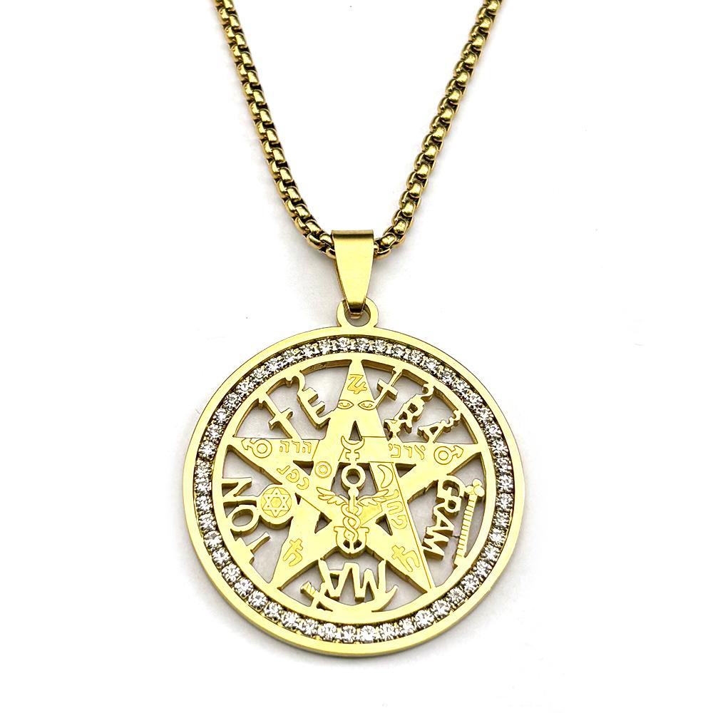 Tetragrammaton Jewish Hebrew Necklace for Women Men Stainless Steel Rhinestones Star Pentagram Talisman Chain Jewelry Gift