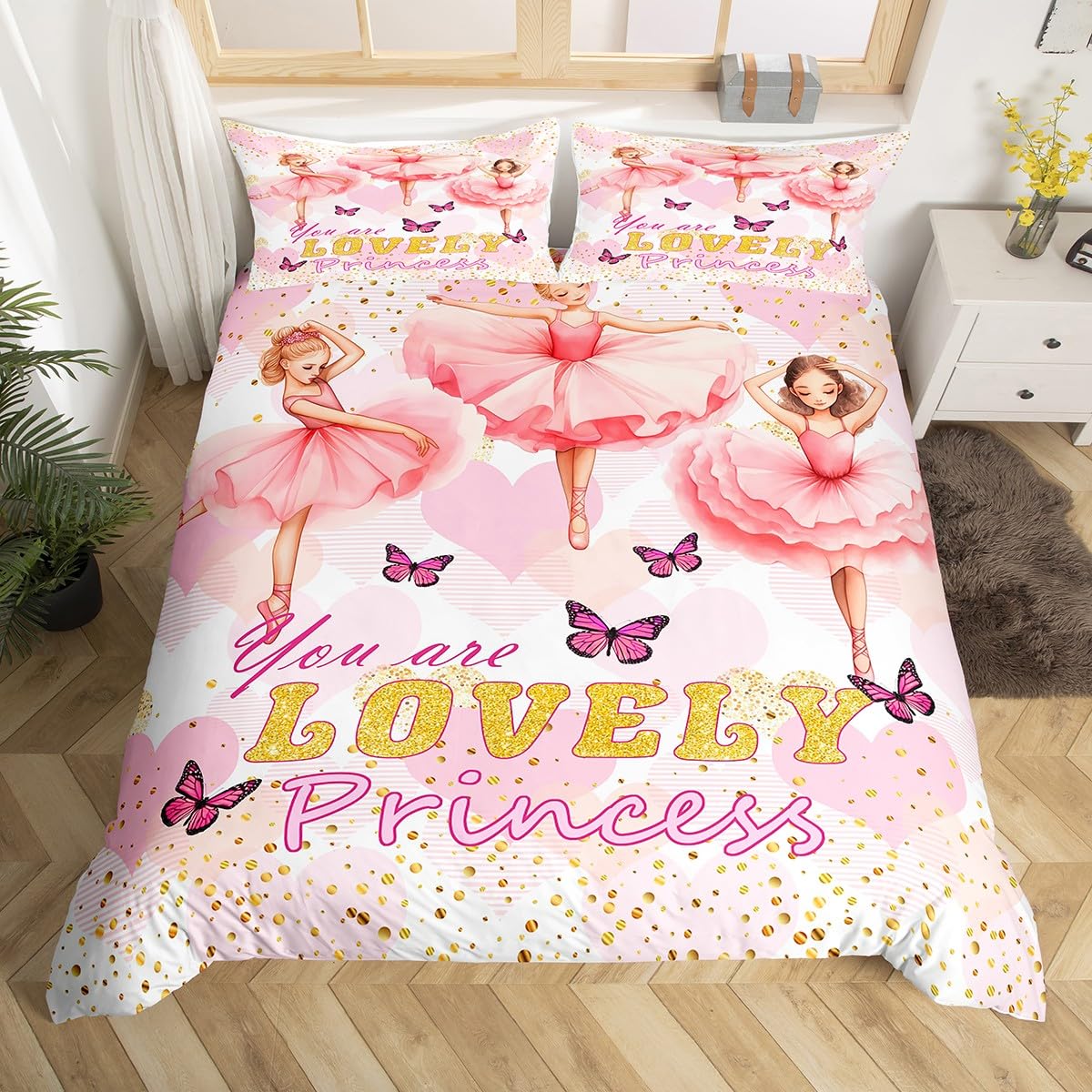 

Ballet Girl Duvet Cover Single Queen Size Rose Floral Ballet Dancer Bedding Set Dreamy Girly Comforter Cover with 2 Pillowcase EU Single(135x200cm)
