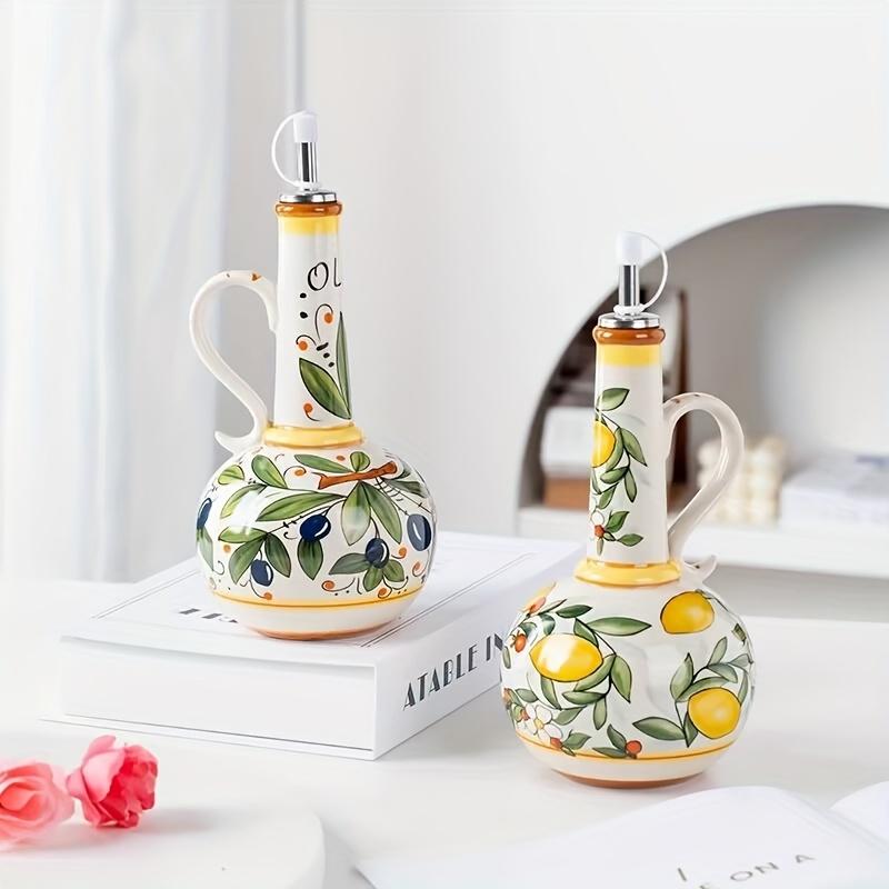 Hand-Painted Ceramic Olive Oil Dispenser with Vibrant Fruit & Leaf Design - Leak-Proof Kitchen Oil Bottle for Olive Oil, Vinegar, Soy Sauce