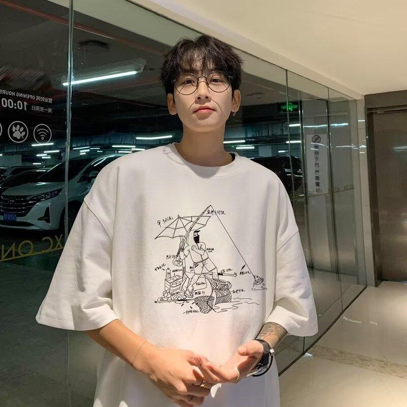 Men'S Trendy Letter Round Neck Printed Short Sleeved T-Shirt For Summer Ins Loose Casual Top