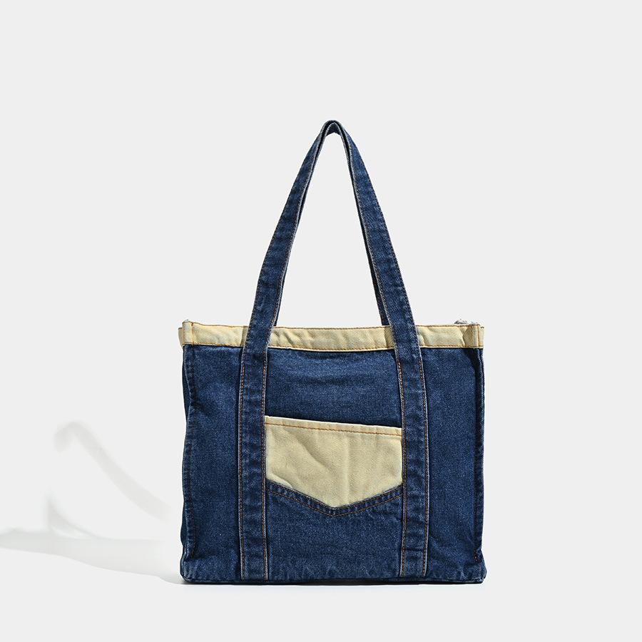 Contrast Color Splicing Denim Bag Personalized Retro Street Slid Shoulder Bag Commuter Large Capacity Tote Bag