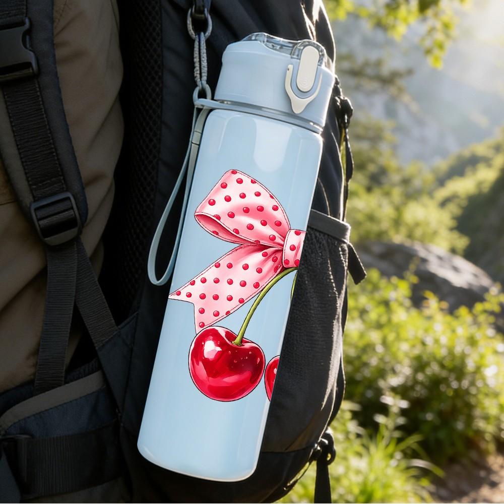 1PC Pink Bow Pair Red Cherry Print 750ml Color Plastic Sports Water Bottle Leakproof Flip Straw Lid Suitable for Sports Office Home Use