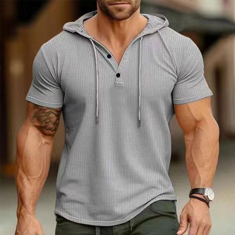 2024 Men's Summer Short-Sleeve Hoodie Henley Shirt for European & American Styles
