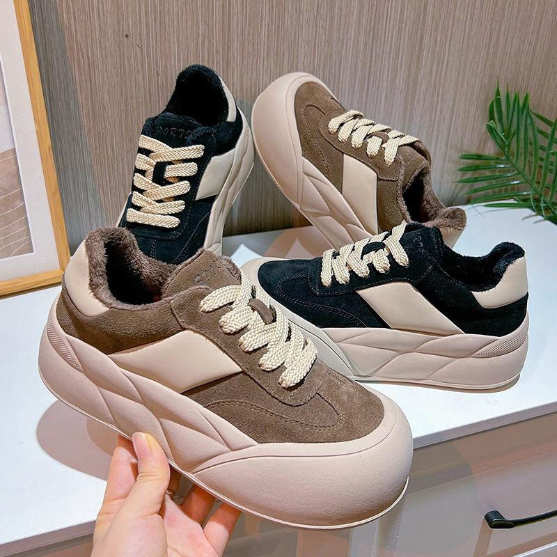 Leather Little White Shoes Women's Winter New Big Head Bread Shoes Women's Flat-bottomed Velvet Casual Shoes Women's Versatile Women's Shoes