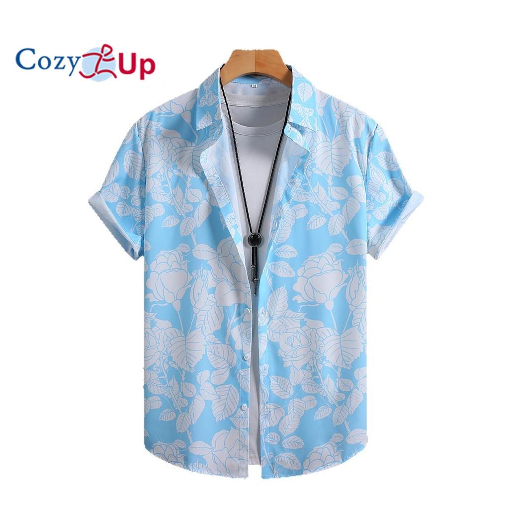 Men's Short Sleeved Shirt with Sky Blue and White Rose Print Shirt for Men