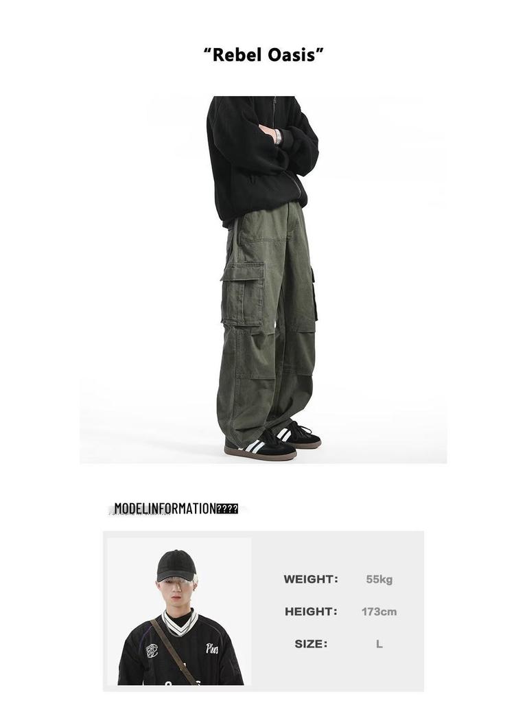 Men's Retro Punk Cargo Pants - Spring/Autumn 2025, Multi-Pocket, Heavyweight, Loose Fit, Straight Leg, Casual.