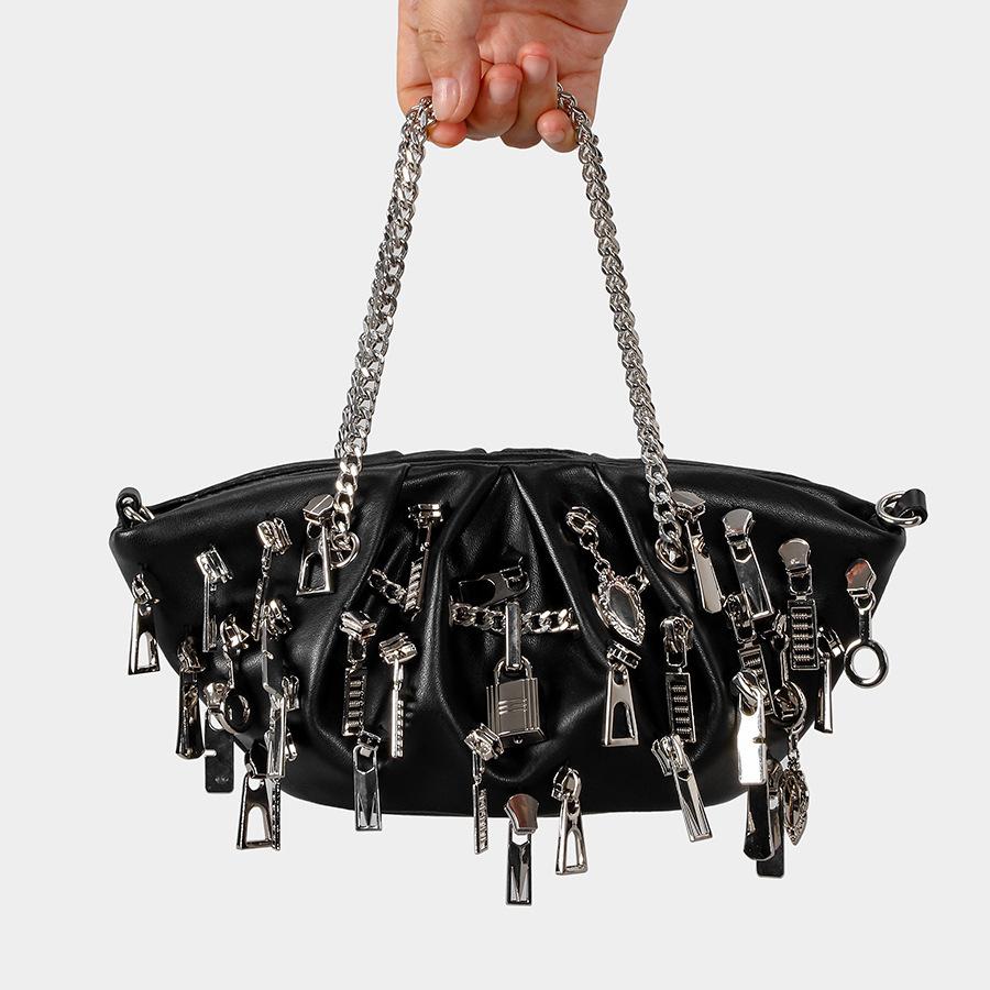 Punk Falten Knödel Achseltasche Mehrfach-Reißverschlusskopf Dekorative Damen-Schultertasche Babes Tragetasche