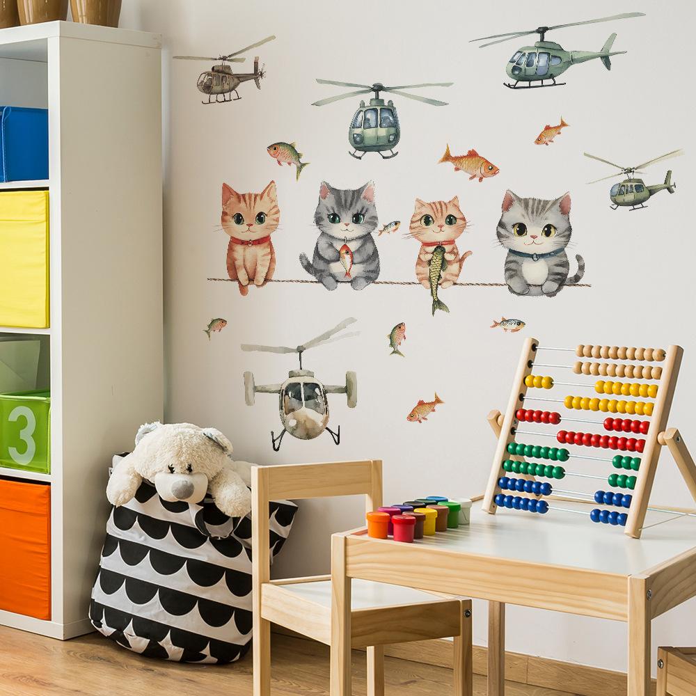 Playful Cartoon Kitten In Flying Helicopter Wall Sticker Cute Adventure Self-Adhesive Decor for Kids Room Nursery Bedroom Living Room