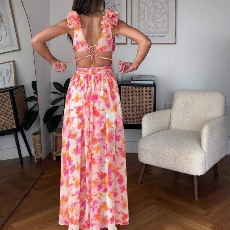 Autumn Europe, America, New Fashion and Leisure Home Floral Backless Waist Temperament French Dress Women