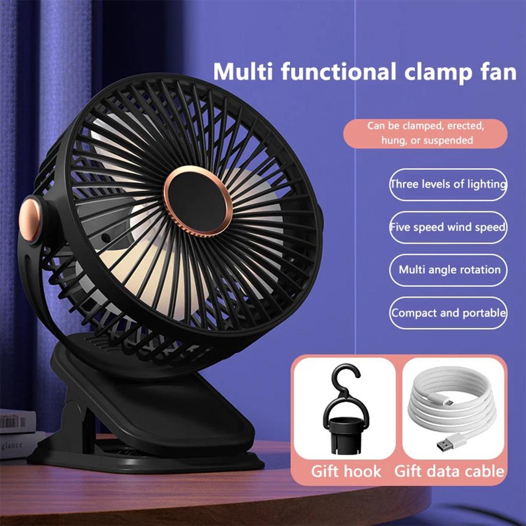 Small Fan 5-Speed Adjustable & 3-Mode Night Light USB Rechargeable Mini Fan for Outdoor 360° Rotatable Clip/Stand/Hang Design