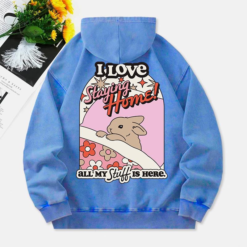 Miluji zůstávat doma Prané mikiny s kapucí Dámské Potisk králíka Bavlna Streetwear Nadměrné Kapsa Teplé Pulovry Oblečení