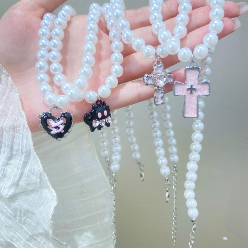Imitation Pearl Beaded Choker Adjustable Length Neckchain Accessory for Ladies Heart/Crucifix/Cats Pendant Necklace