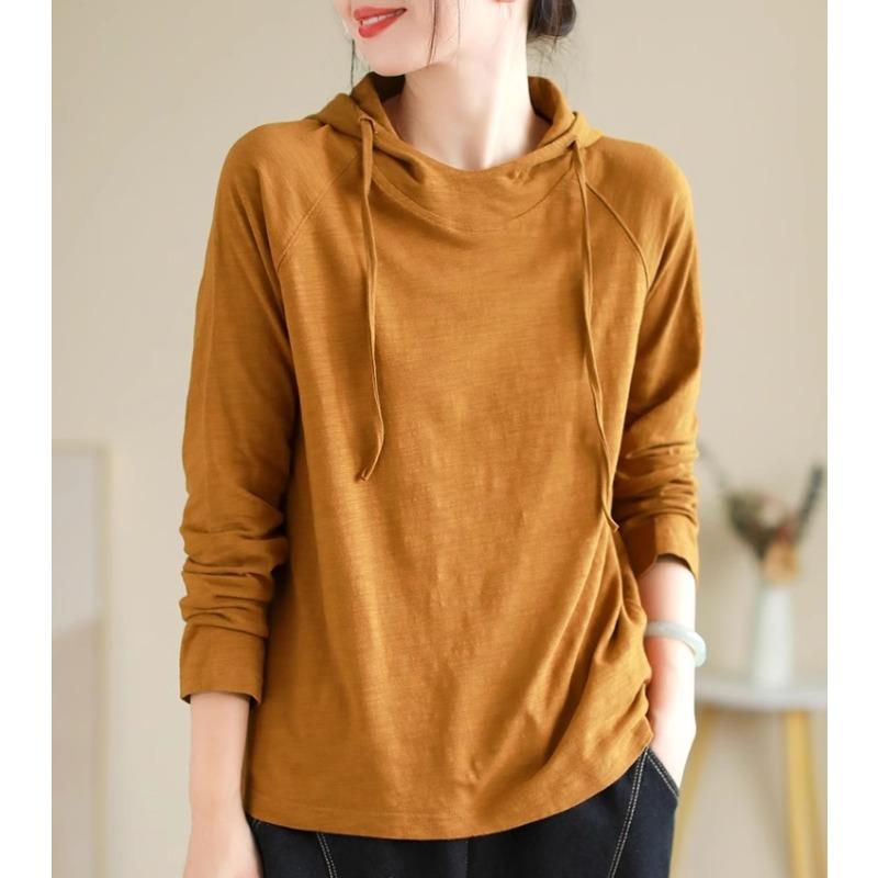 

DIMANAF 2024, осенняя однотонная футболка с капюшоном больших размеров, женская футболка с высоким воротником, асимметричные однотонные свободные топы с длинными рукавами, футболки One Size