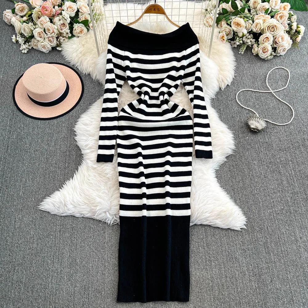 Off Shoulder Falda Sexy Mujer Slash Neck Striped Color-block Slim Knitted Bodycon Dress Autumn Wrapped Dresses ChicDresses