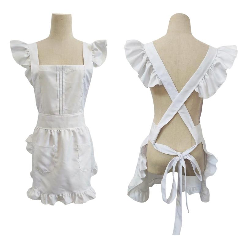 Maid Style Apron with Delicate Ruffle Edging Breathable Polyester Maid Costume Apron for Role Play and Daily Chores