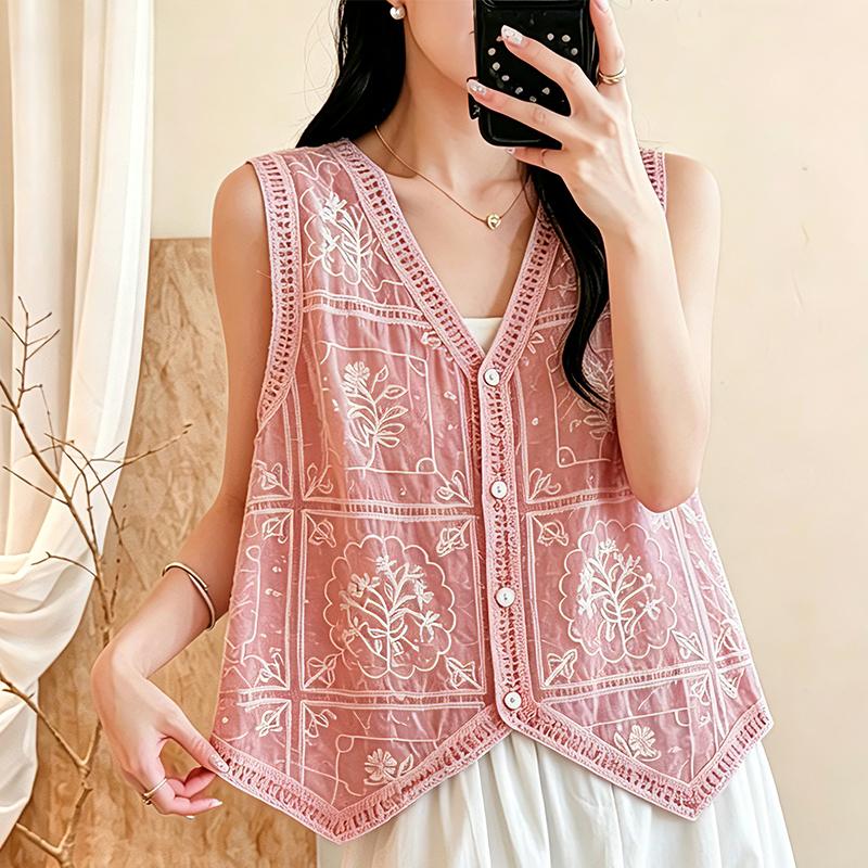 DIMANAF 2026 Plus Size Summer Women Blouse Tunic Tank Loose Casual Cotton Lady Tops Tees Shirt Lace Floral Sleeveless Vest
