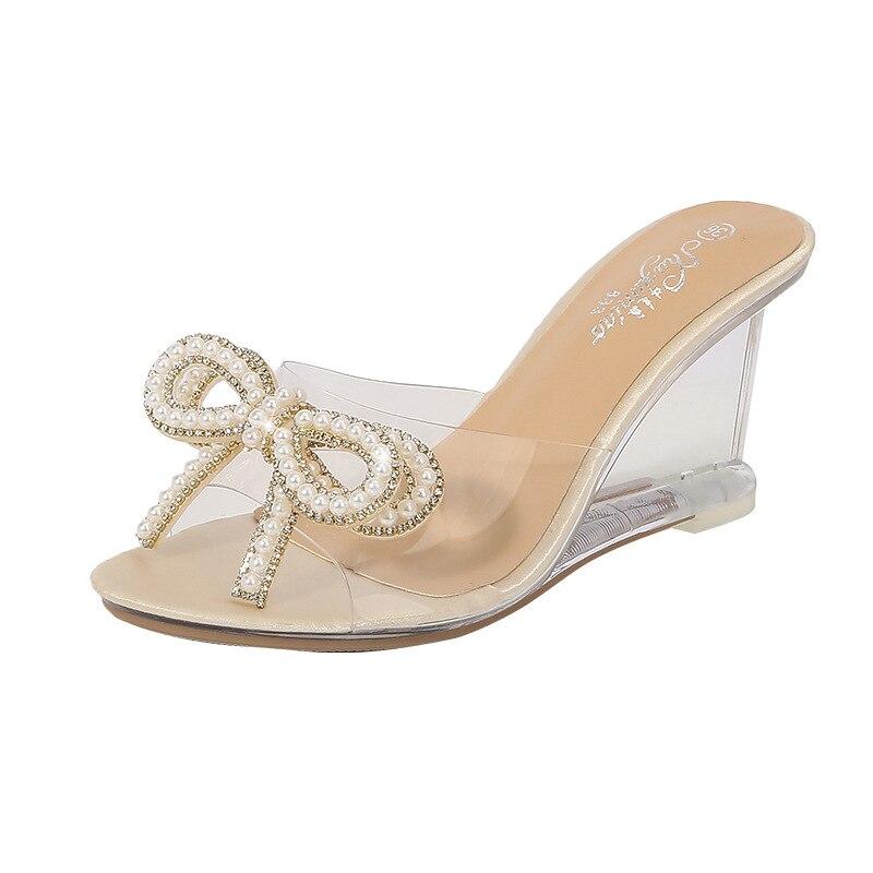 

Жіночі літні босоніжки на похилому каблуці, нові сексуальні кришталеві прозорі високі підбори тапочки зі стразами на похилому каблуці, серія 1098, 6 см LFD 40 абрикосовий