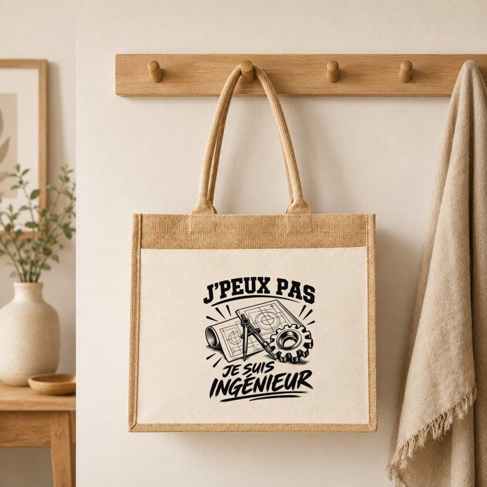Sac Cabas Jute avec Poche J’peux pas je suis Ingénieur J'peux pas minimaliste | Toile de Jute et Coton 21 L Fond Plat Anses 65 cm
