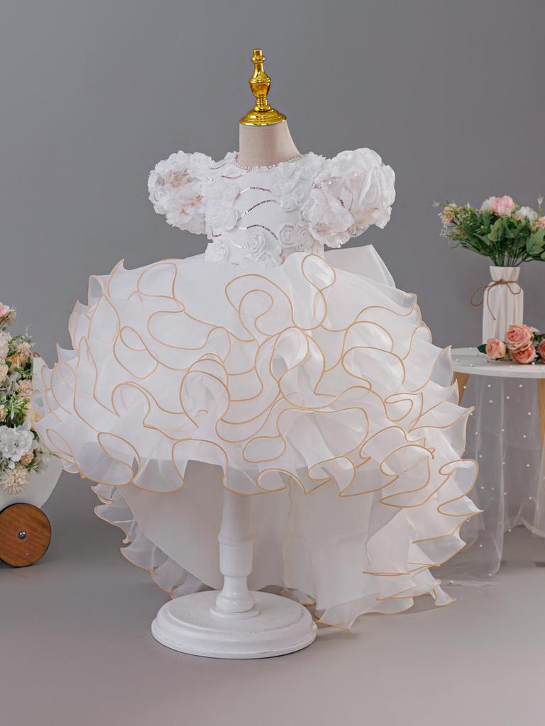 2025 New Children's Princess Dress with Rose 3D Appliques, Bow, and Cake Train