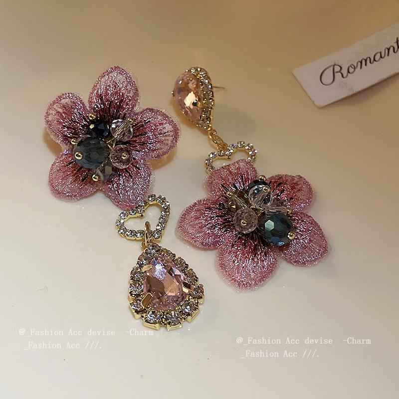 Silver Needle Diamond Asymmetrical Crystal Flower Earrings Exaggerated Sweet Temperament Earrings Premium Versatile Earrings