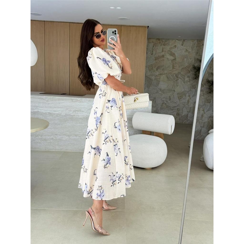 Summer New Women's Short Sleeve Printed Dresses Tie Waist Large Swing Dresses