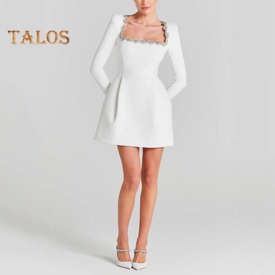 Women Dress Rhinestone Flower Square Neck Long Sleeves A-line Solid Color Mini Dress Above Knee Length Fall Spring Dress for Dating Party