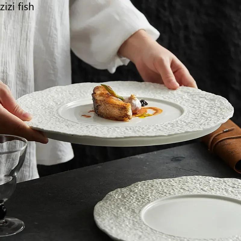 Stone Pattern Flat Plate Ceramic Steak Plate Sushi Dish Dessert Cake Dish Serving Plate White Artistic Conception Tableware