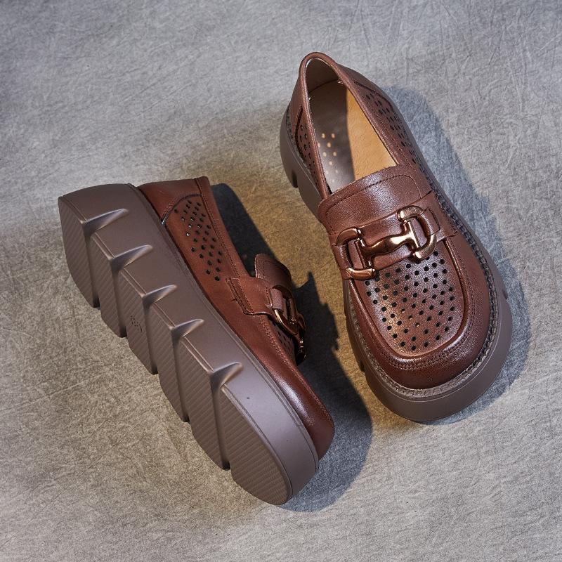 

First layer cowhide hole shoes women s summer 2025 new retro platform muffin shoes hollow loafers sandals women 40