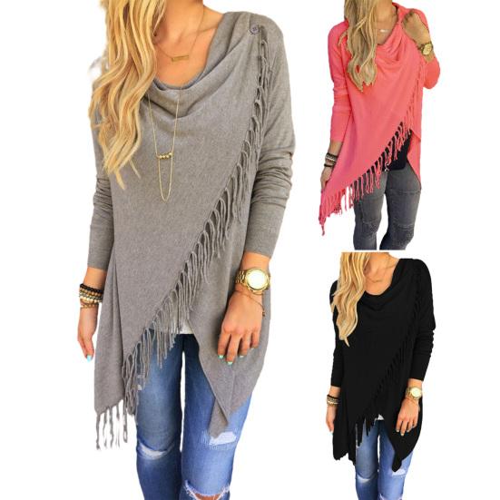 Women's Tassel Hem Shawl Cardigan Asymmetric Hem Pullover Poncho Coat Fringed Cowl Neck Wrap Cape Outerwear