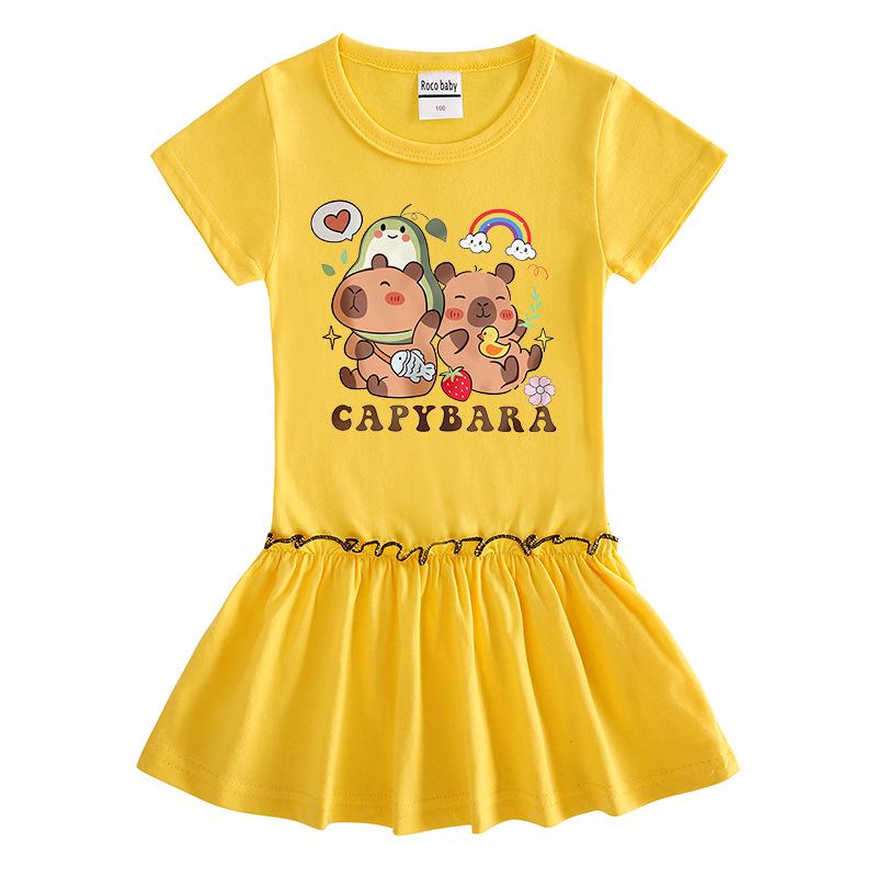 Summer Girls' Cartoon Raglan Short Sleeve Pleated Dress with Ruffle Skirt