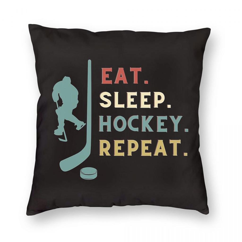 Eat Sleep Hockey Repeat Square Pillowcase Polyester Linen Velvet Pattern Zip Decorative Bed Cushion Cover
