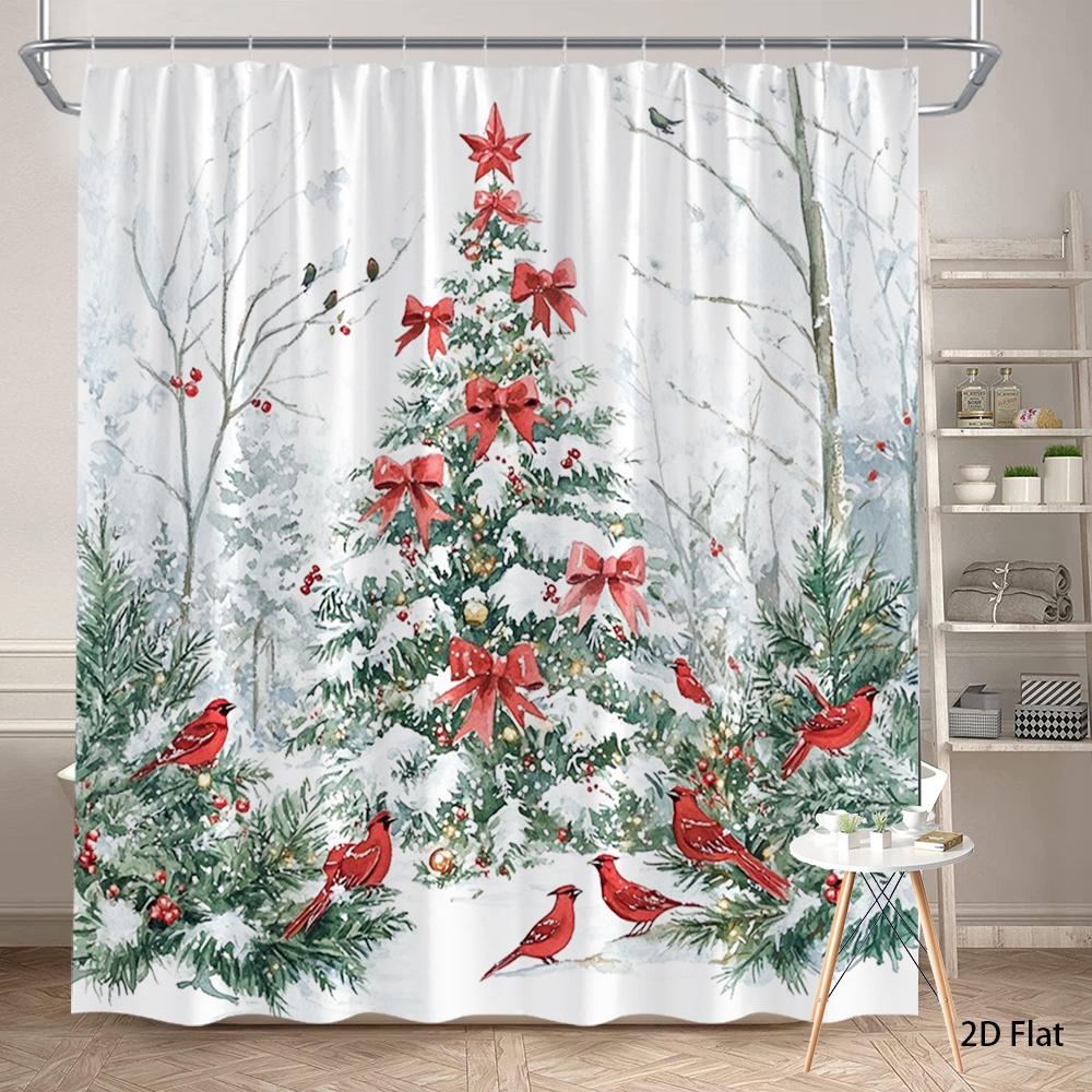 

1Pc Red Cardinal And Cedar Tree Pattern Shower Curtain, Polyester Fabric, Machine Washable, Suitable For Bathroom Decoration W60H190(CM)-1 Pcs