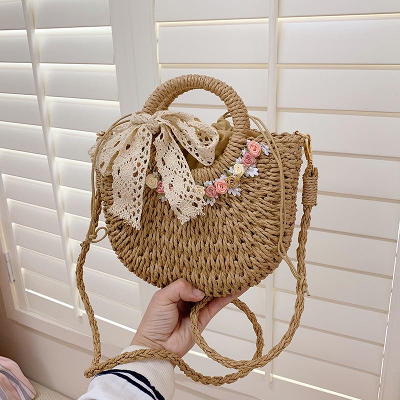 Fresh and Light Floral Woven Bag, Beach Vacation Bag, Beachside Single Shoulder Bag, Handbag, Grocery Basket Bag Casually