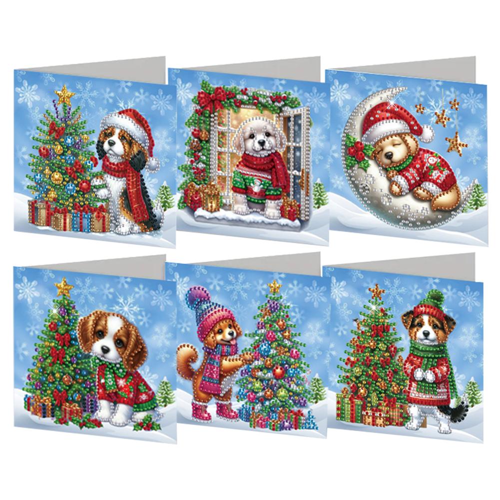 6Pcs Christmas Dog & Xmas Tree DIY Diamond Painting Card Christmas Gifts Diamond Drawing Card for Adults Holiday Friends Family