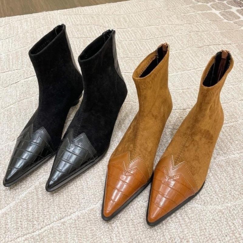 Shaped Heel Booties Fashion Pointed Toe Paneled Suede Zipper Non-Slip Wear-Resistant Low Heel Shoes