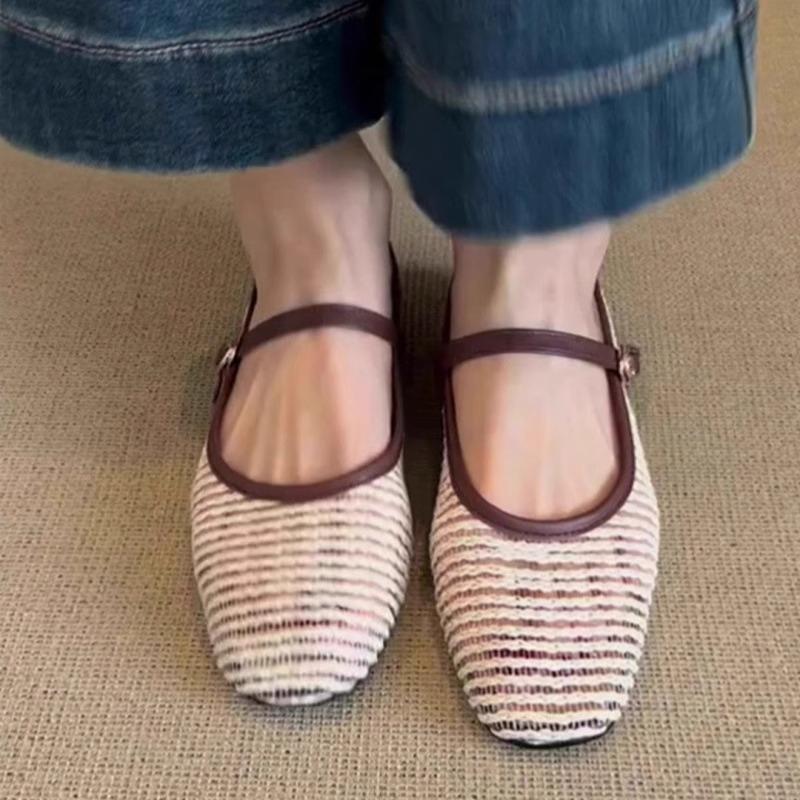 Fashion Summer Vintage Woven Mary Jane Flats Super Soft Mesh Anti-Slip Wear-Resistant Round Toe Shallow Strap Single