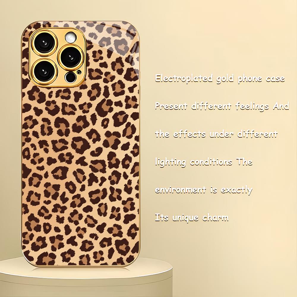 Goldfarbene Leopardenmuster-Metallic-Lackierung Glas-Handyhülle geeignet für iPhone 17 16 15 14 13 12 11 Pro Max Plus stoßfeste Rückseite