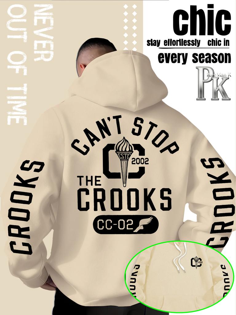 Fall/Winter Style Casual Streetwear Men's Hooded Sweatshirt, Featuring "CROOKS Letters + Torch Logo + CC-02 Logo" Print