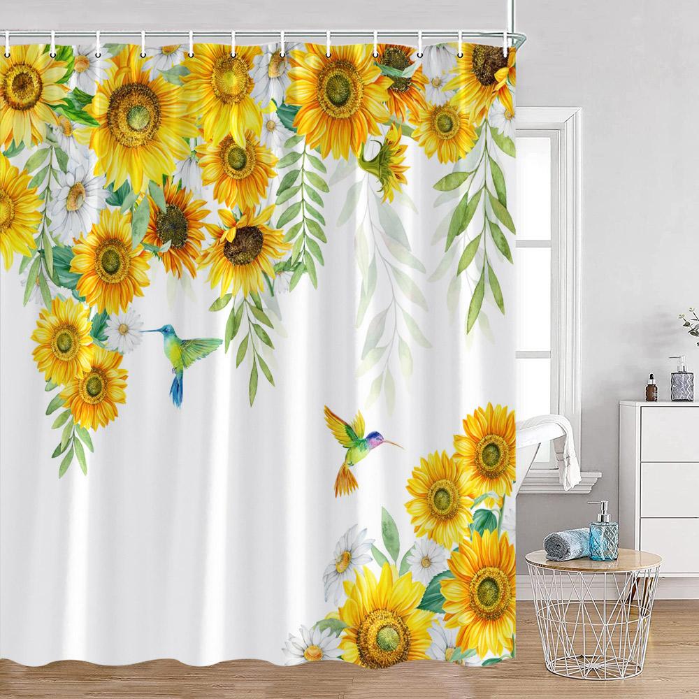 Sunflower Floral Shower Curtains Spring Plants Birds Butterfly Green Leaves Bathroom Curtain Modern Polyester Fabric Bath Decor